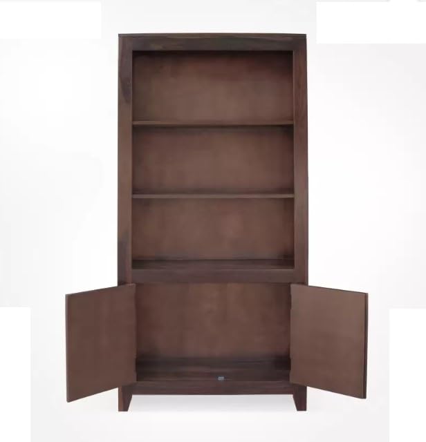 Lipyjo Sheesham Wood Bookshelf with 2 Doors Cabinet with Tiles Cut (Walnut Finish) Solid Wood Semi-Open Book Shelf (Finish Color - Walnut Brown, Pre-Assembled)