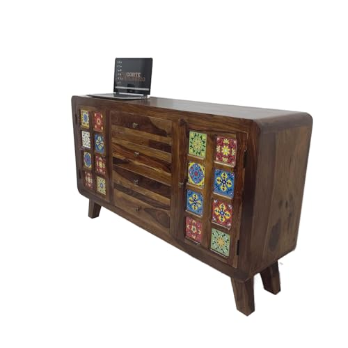 Solid Sheesham Wood Multipurpose Sideboard Storage Cabinet with 4 Drawers in Center & 2 Door Left & Right for Home and Living Room (Natural Finish)