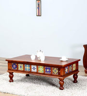 Lipyjo Modern Sheesham Wood Center Coffee Tea Living Room Table with Tiles (Natural Finish)